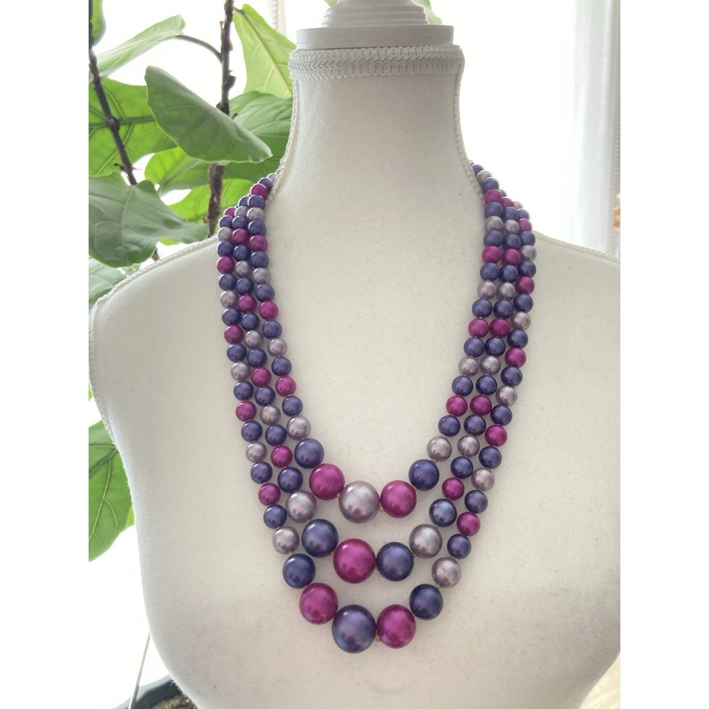 Statement Bead Necklace 4 Strand Purple & Pink‎ Graduated Beads Bold Statement